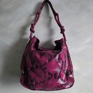Leather Pink Magenta Black Snake Print Shiny Slouchy Hobo Shoulder Bag 14x11x4